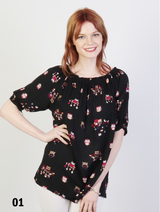 Off The Shoulder Owl Pattern Blouse W/ Ribbon Detail